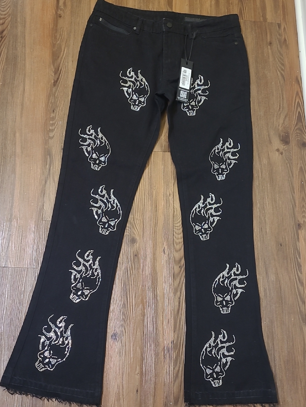 Rockstar original Black Flare Jeans with Embellished Flame Skulls.